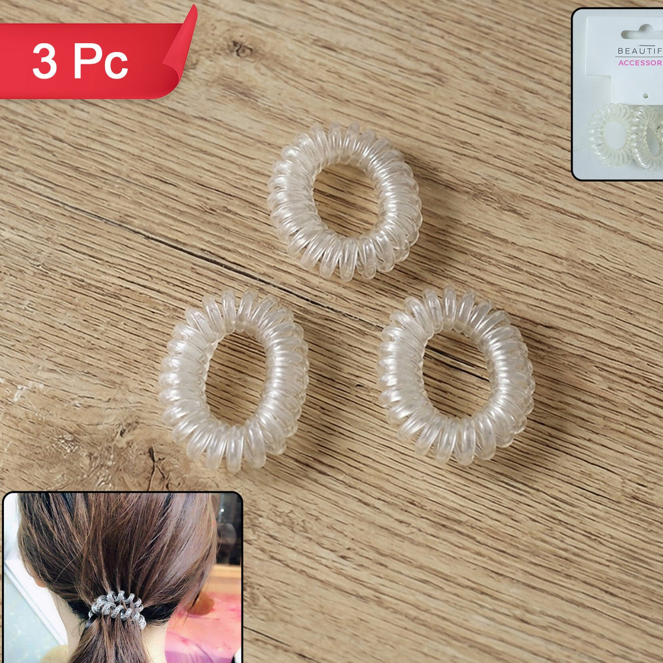 Transparent Spiral Coil Hair Band With Case 3 Pc Set
