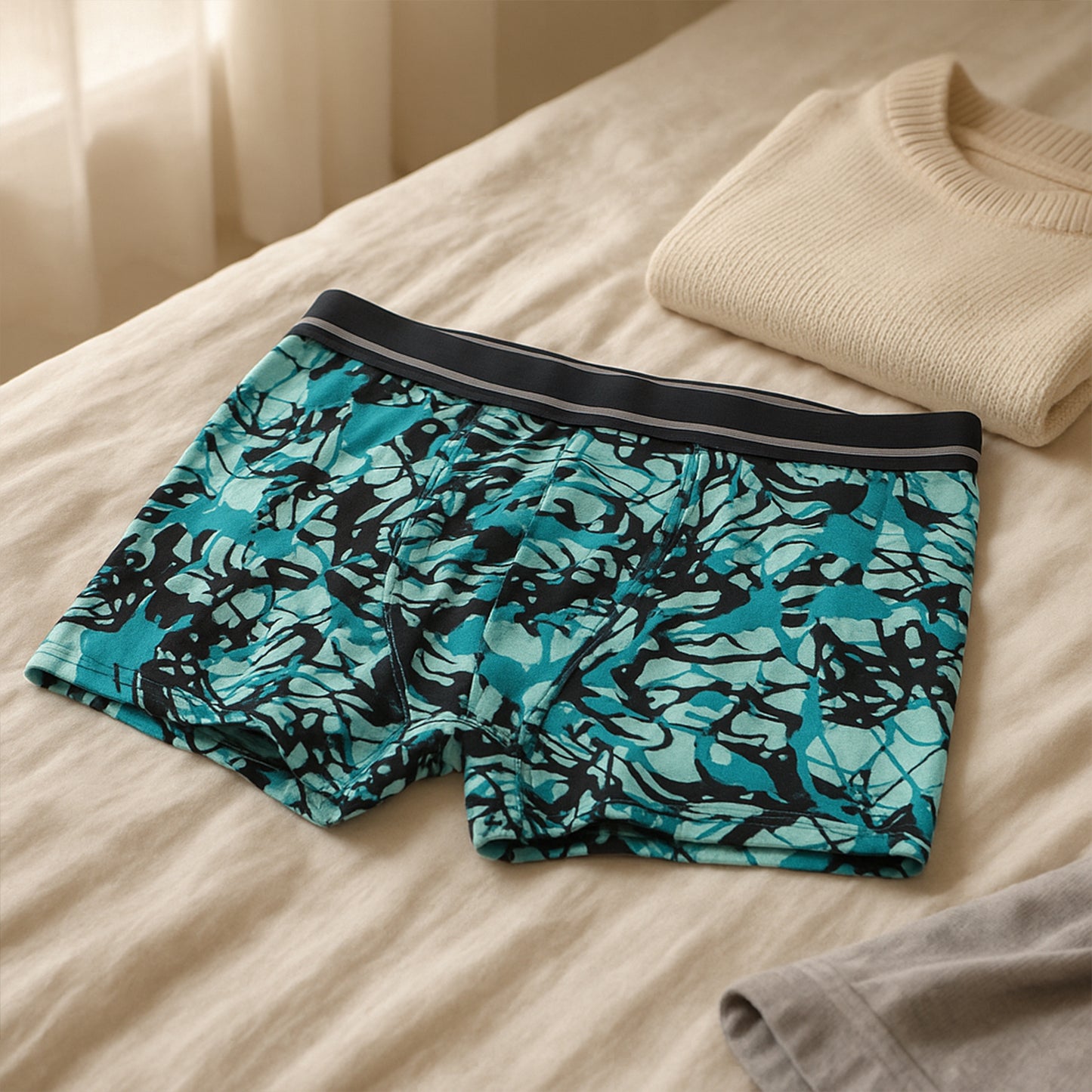 Men's Stretch Boxer Briefs - Large (1 Pc) - Abstract Teal/Black Print - Happy Price - Image 5