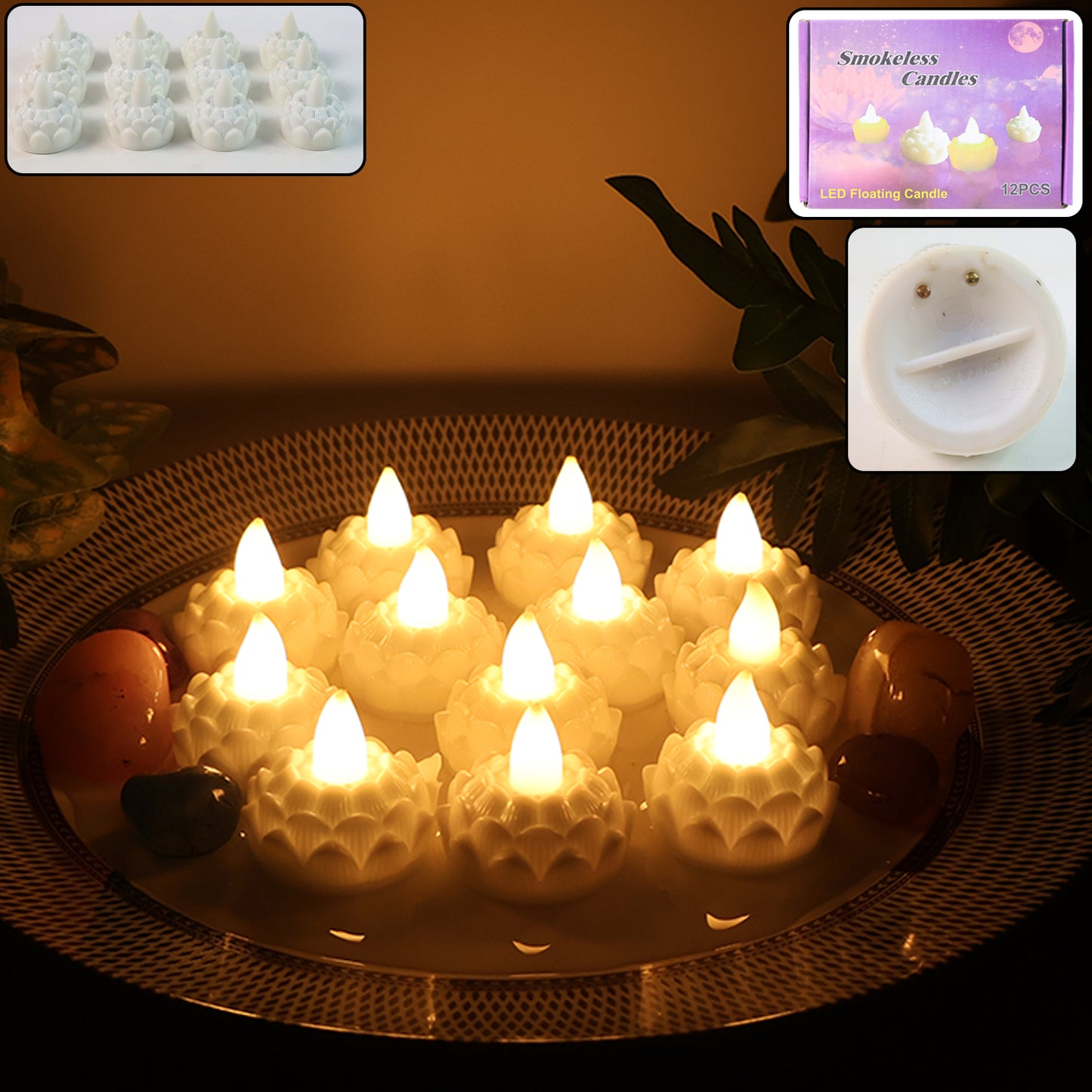 12 Pcs LED Floating Lotus Candles with Water Sensor - Flameless Decorative Lights - Happy Price - Image 3