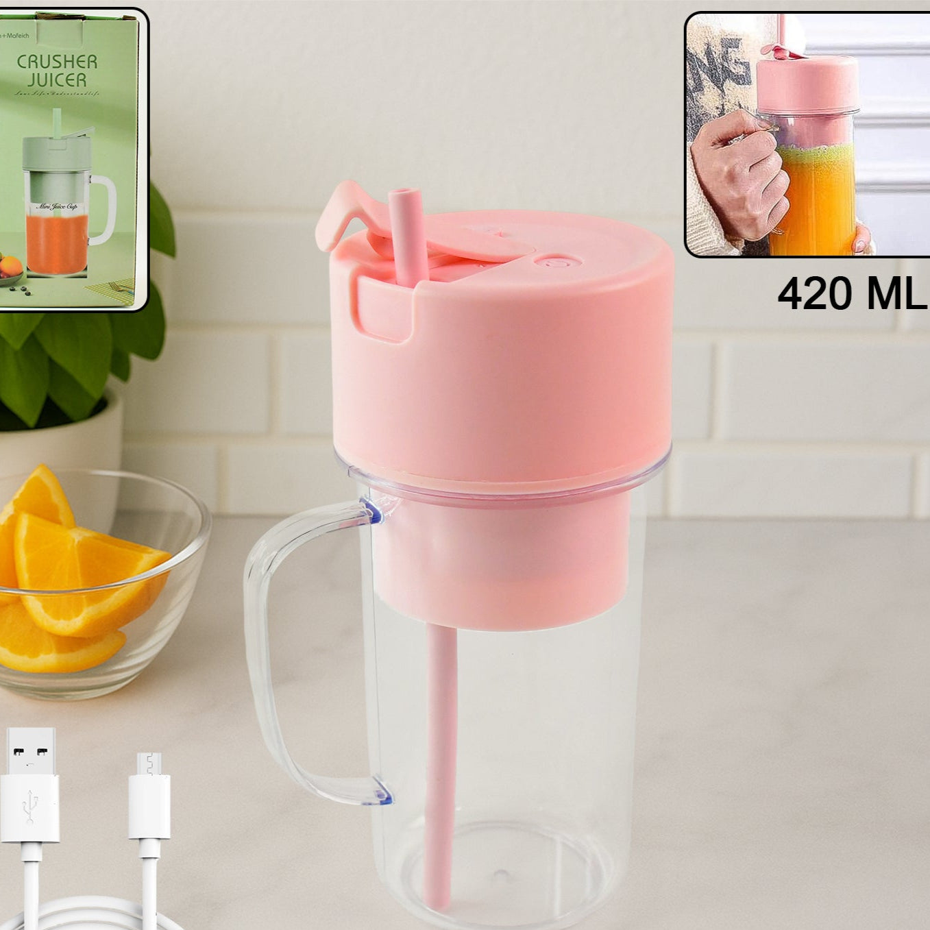 Portable Crusher Juicer With Handle  Straw Usb Rechargeable 6 Blades (420 Ml) - Happy Price - Image 1