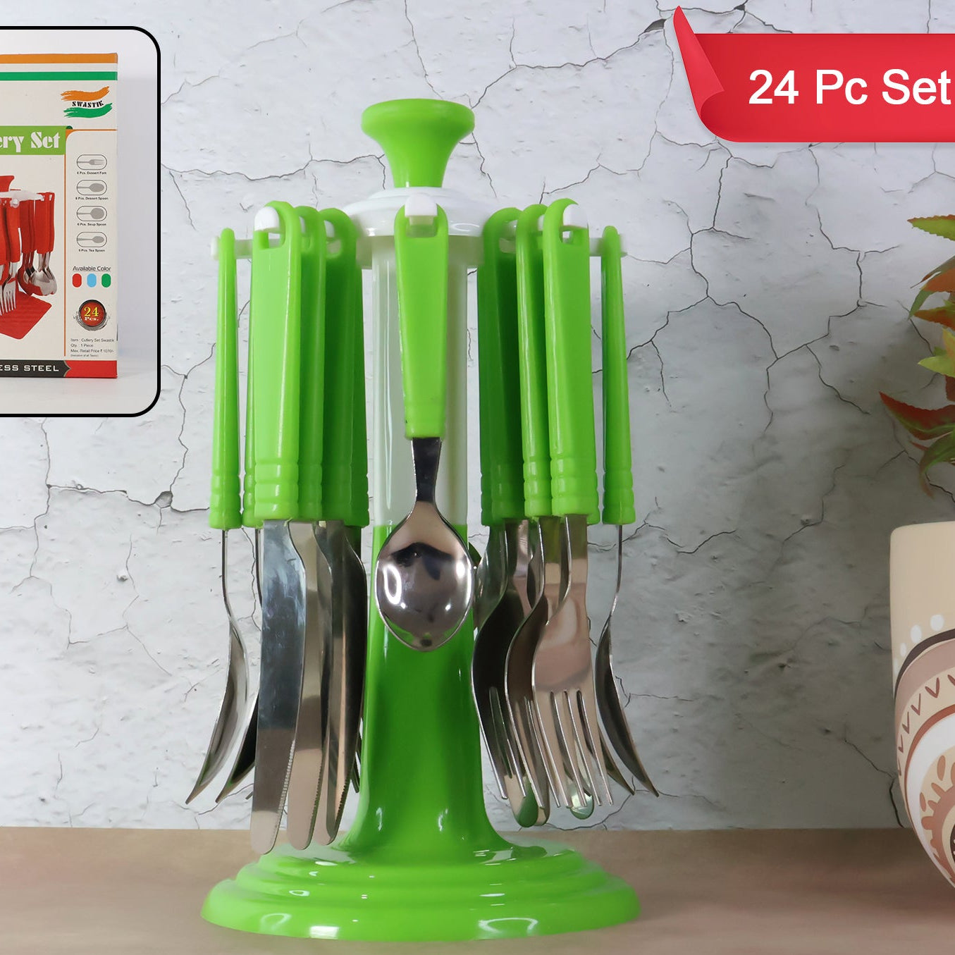 24 Piece Stainless Steel Cutlery Set with Rotating Stand - Happy Price - Image 1