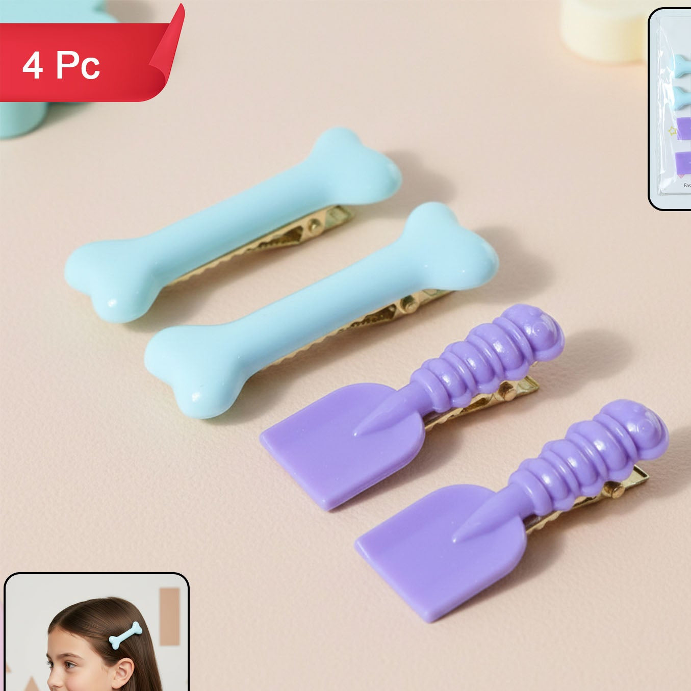 Cute Cartoon Hair Clips for Girls - 4 Pc Set with Bone & Spade Shapes - Happy Price - Image 1