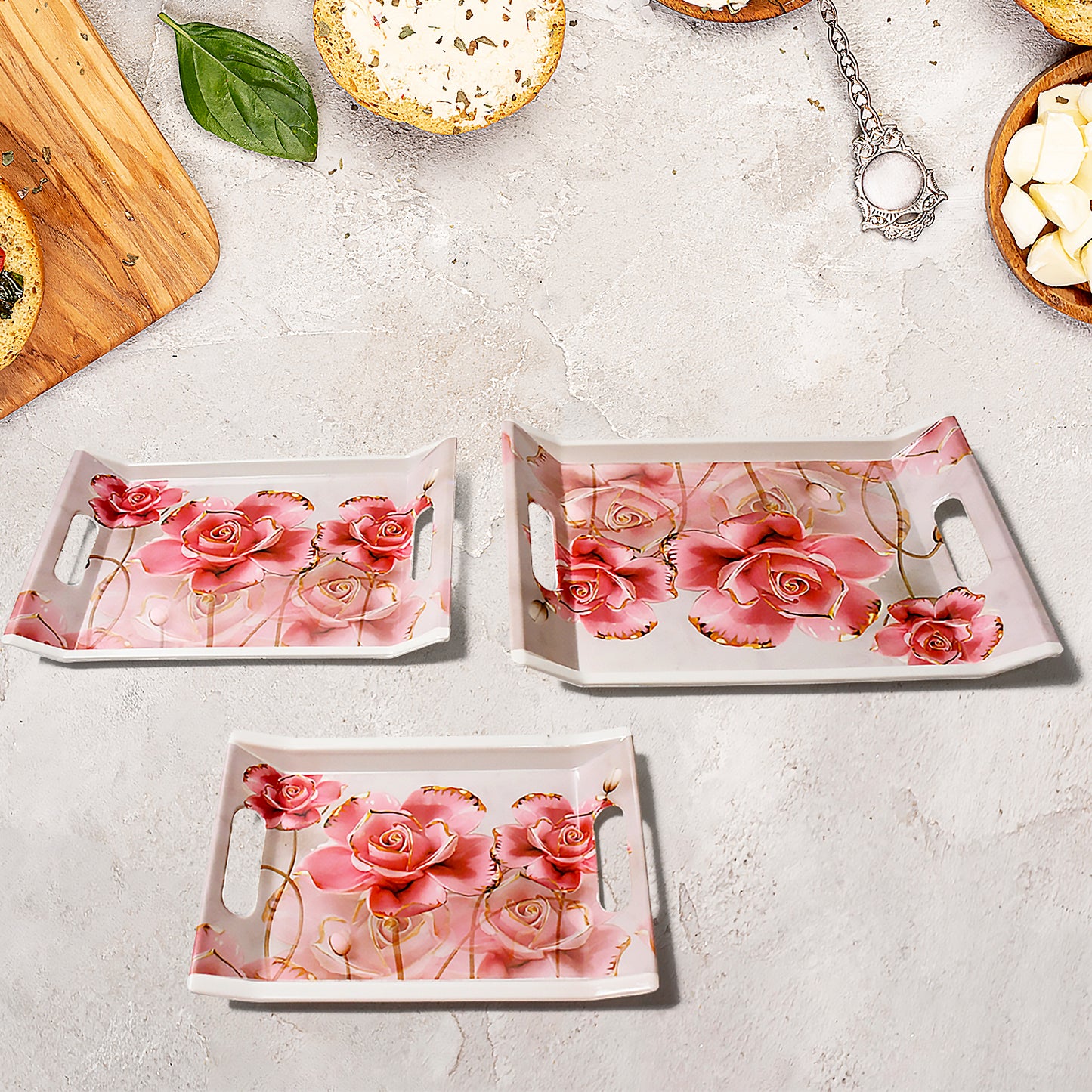 Plastic Rectangular Shape Flower Printed Design Serving Tray 3 Pcs Home And Kitchen Use (3 Pcs Set) - Happy Price - Image 1