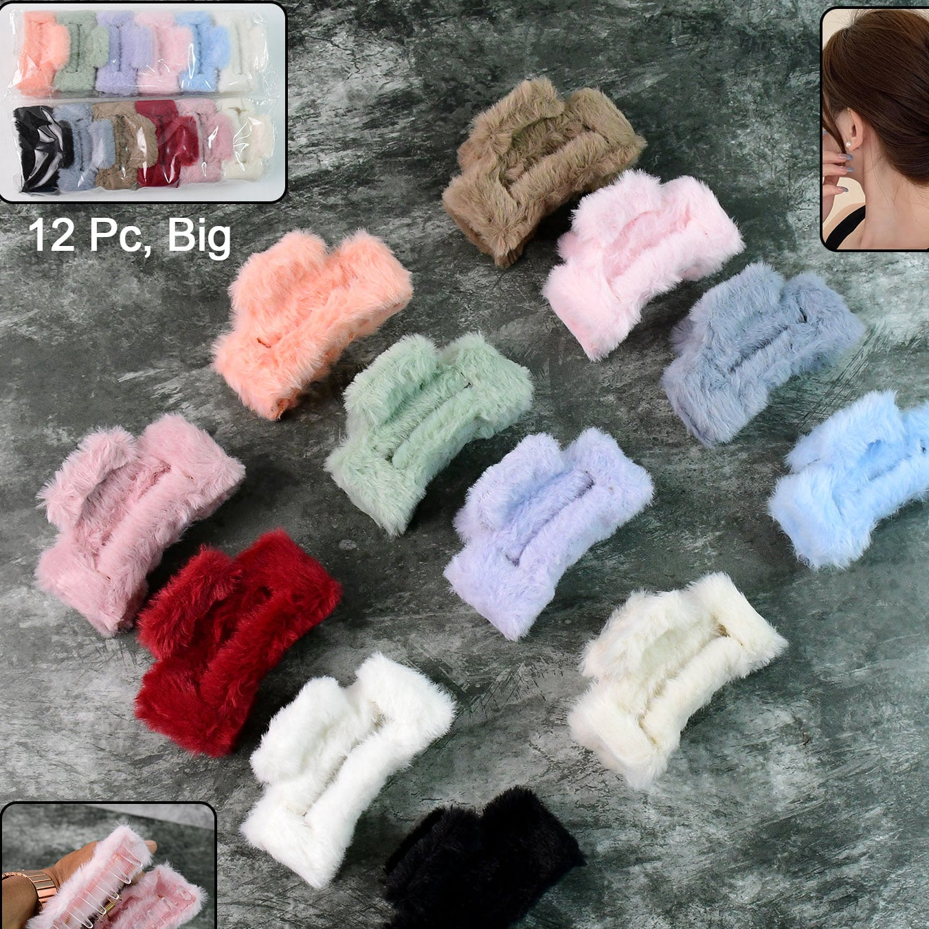 Big Faux Fur Hair Claw Clips - 12 Pc Set for Women & Girls - Happy Price - Image 1