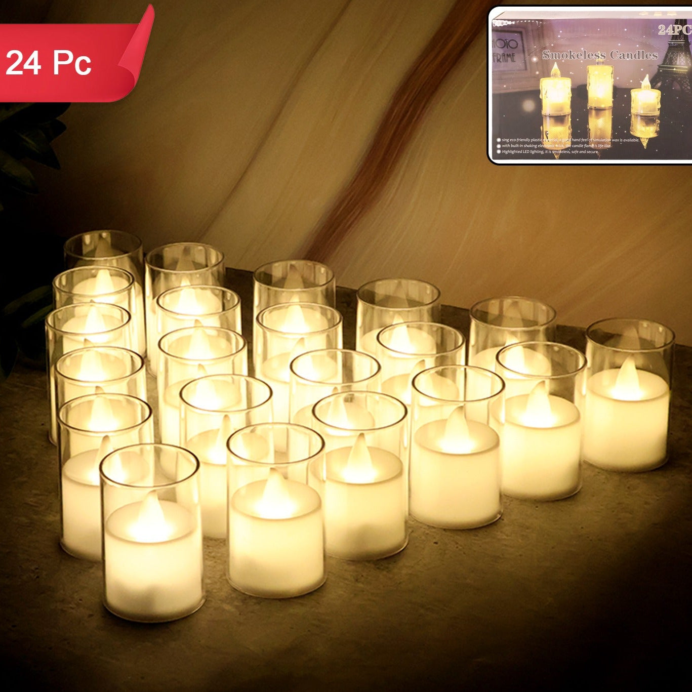 24 Pc Flameless LED Tealight Candles with Glass Holders - Smokeless & Safe Decorative Lights - Happy Price - Image 1