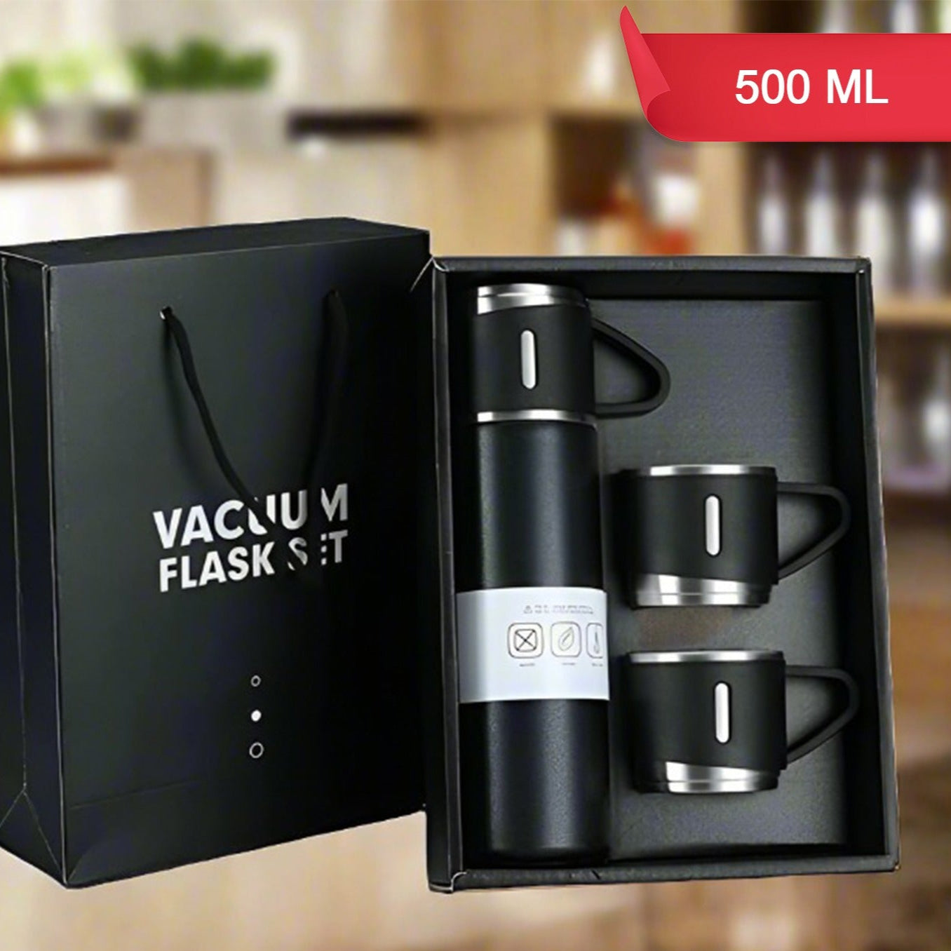 Stainless Steel Vacuum Flask Set With 3 Steel Cups Combo For Coffee Hot Drink And Cold Water Flask Ideal Gifting Travel Friendly Latest Flask Bottle. (500ml) - Happy Price - Image 1