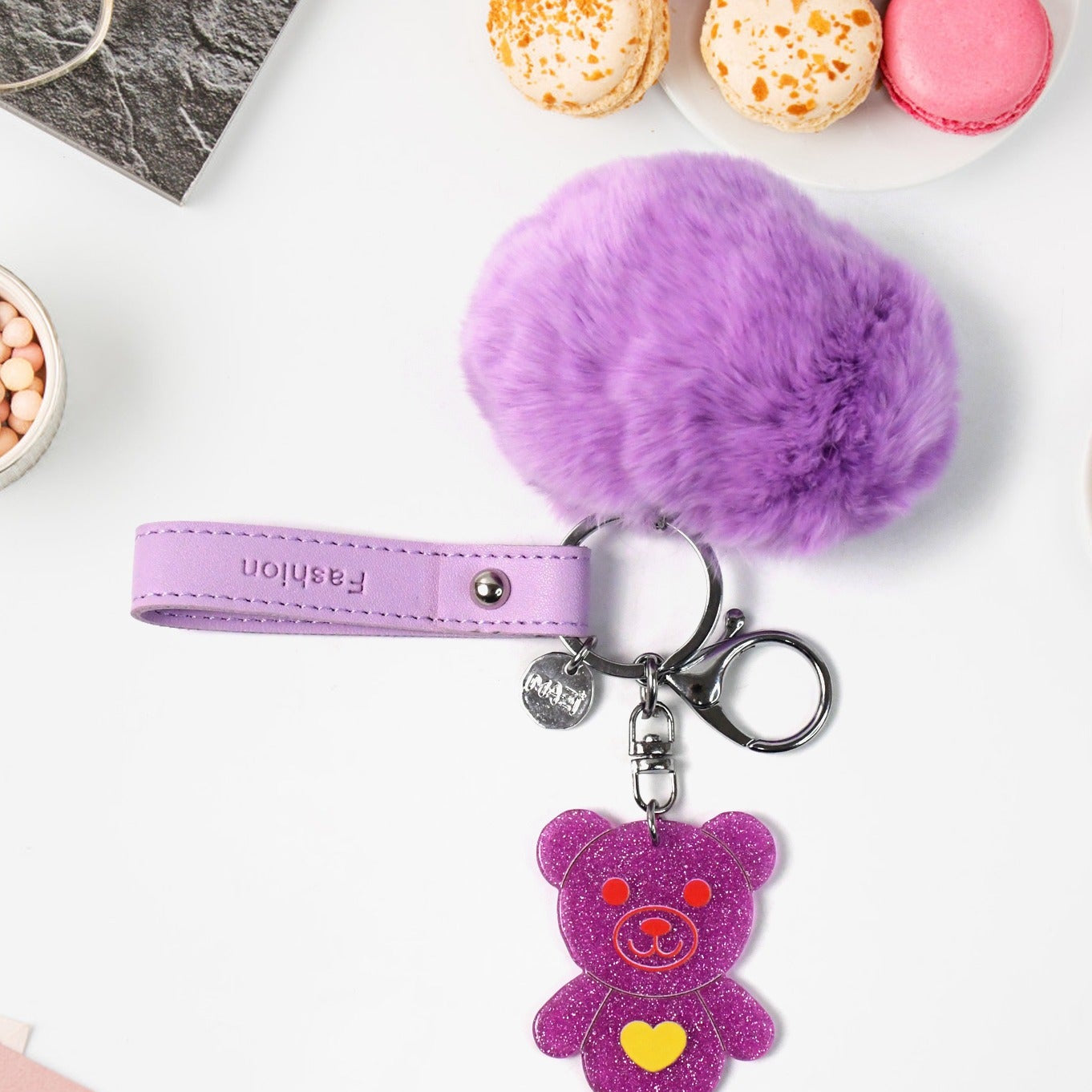Cute Cartoon Keychain With Fluffy Pom (1 Pc) - Happy Price - Image 1
