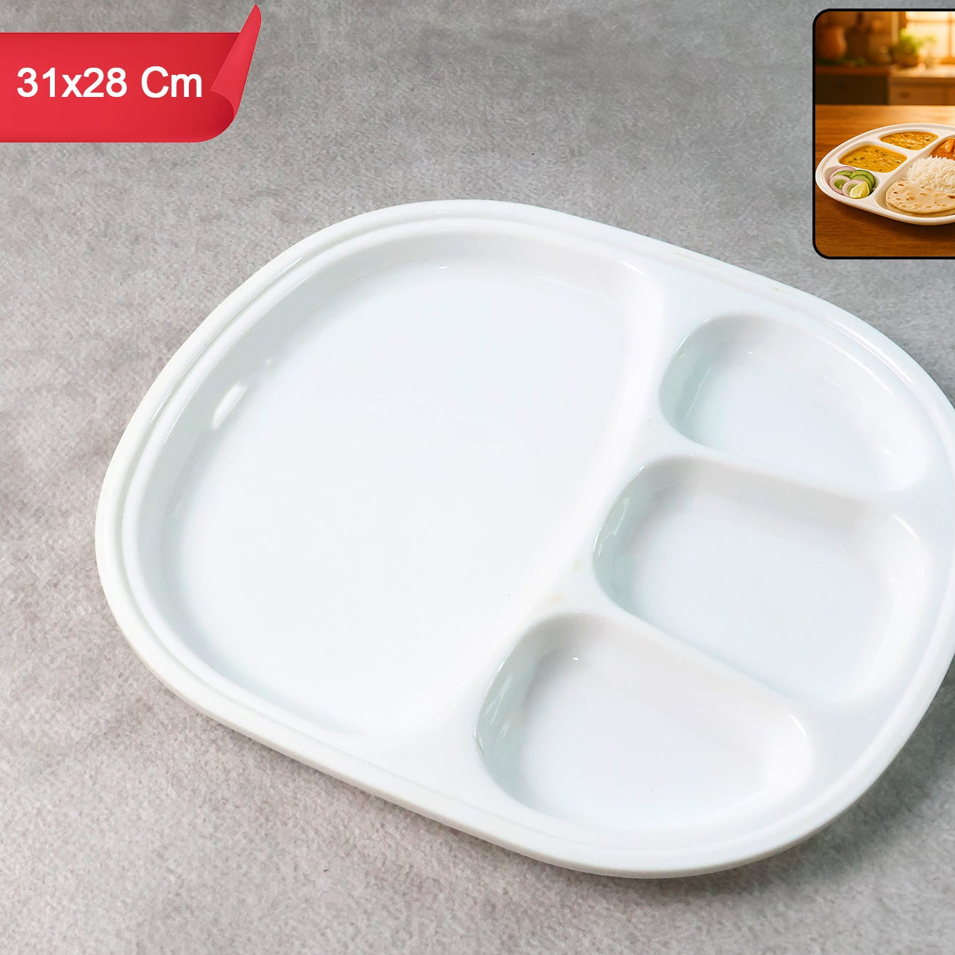 4 Section Plastic Thali Plate - Large Compartment Dinner Serving Dish (31x28 cm, White) - Happy Price - Image 1
