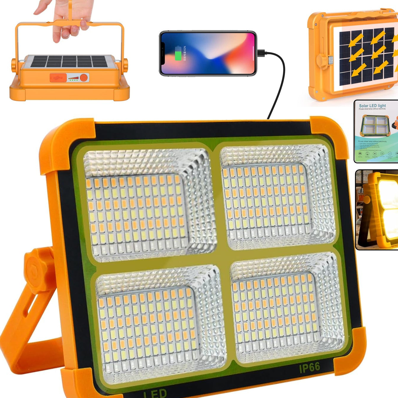Solar LED Flood Light with Power Bank, 4-Panel, USB Rechargeable, IP66 Waterproof (1 Pc) - Happy Price - Image 1