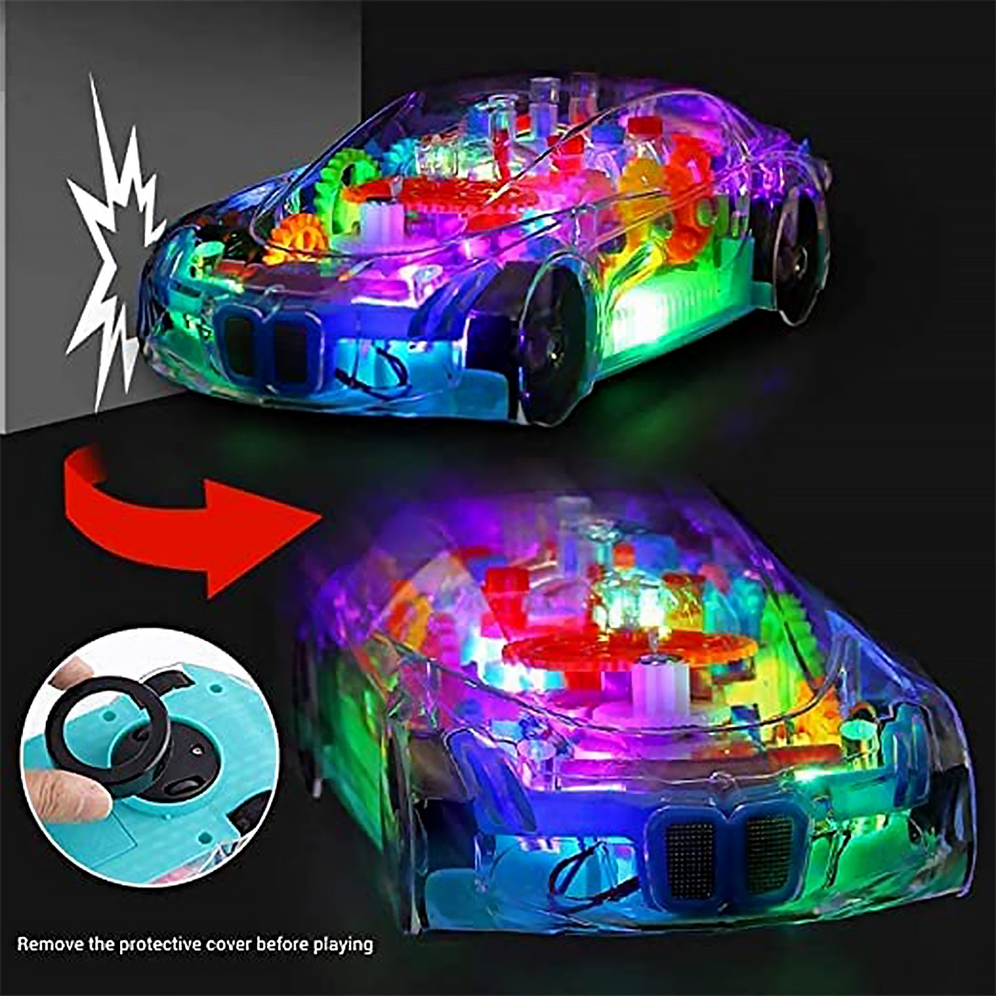 Automatic 360 Degree Rotating Transparent Gear Concept Car With Musical And 3d Flashing Lights Toy For Kids Boys  Girls (Multicolor  Battery Not Included) - Happy Price - Image 5