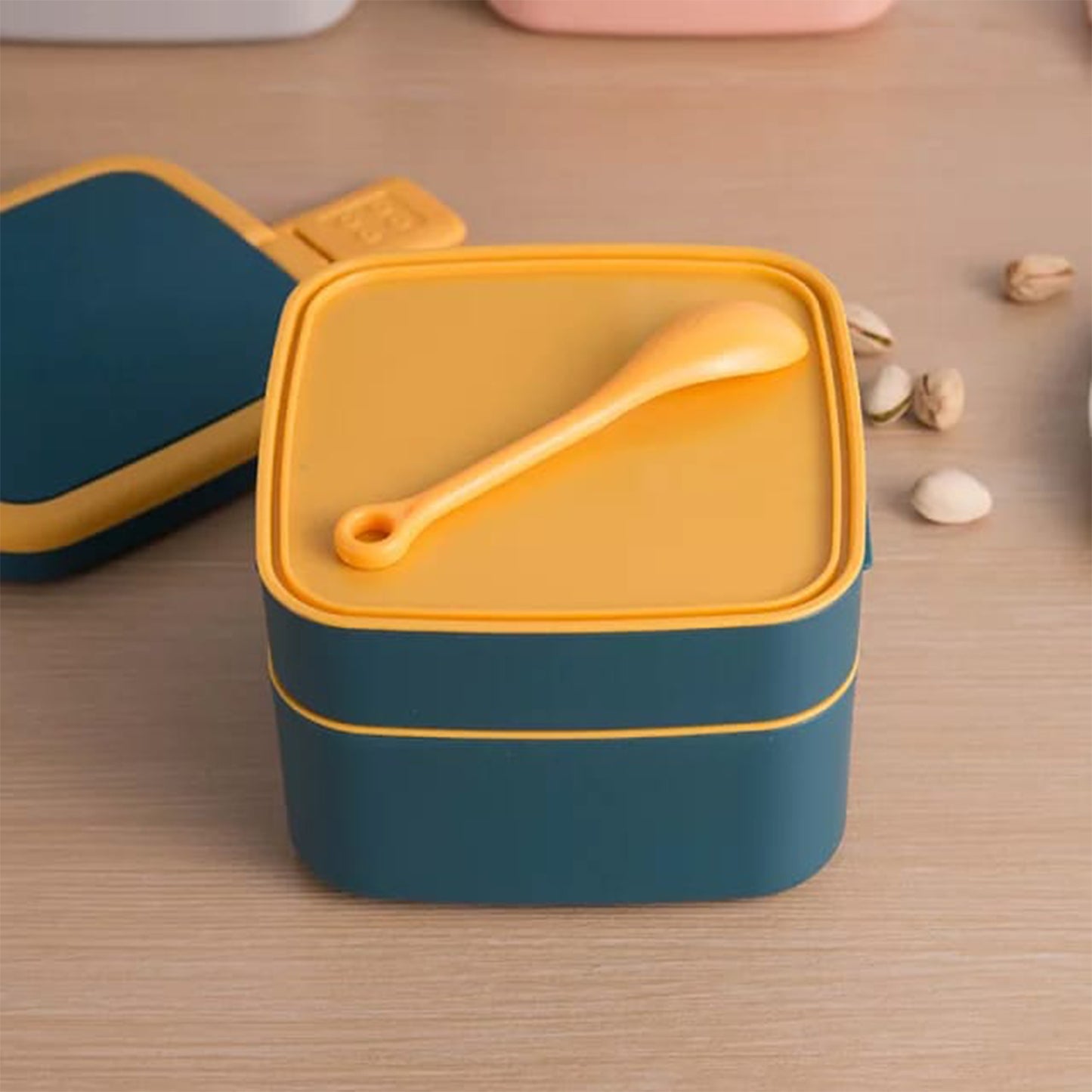 Blue Double-layer Portable Lunch Box Stackable With Carrying Handle And Spoon Lunch Box - Happy Price - Image 3