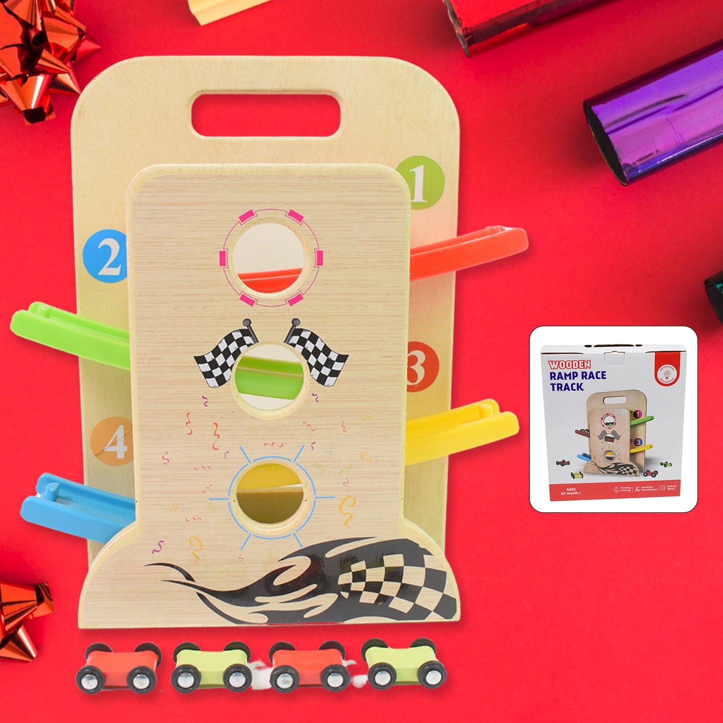 Wooden Ramp Racer Race Track Vehicle Play Sets With 4 Mini Racers (With Handle) - Happy Price - Image 2