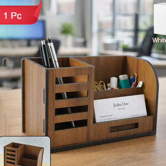 Wooden Desk Organizer with Phone Stand, Pen & Card Holder - 1 Pc - Happy Price - Image 1