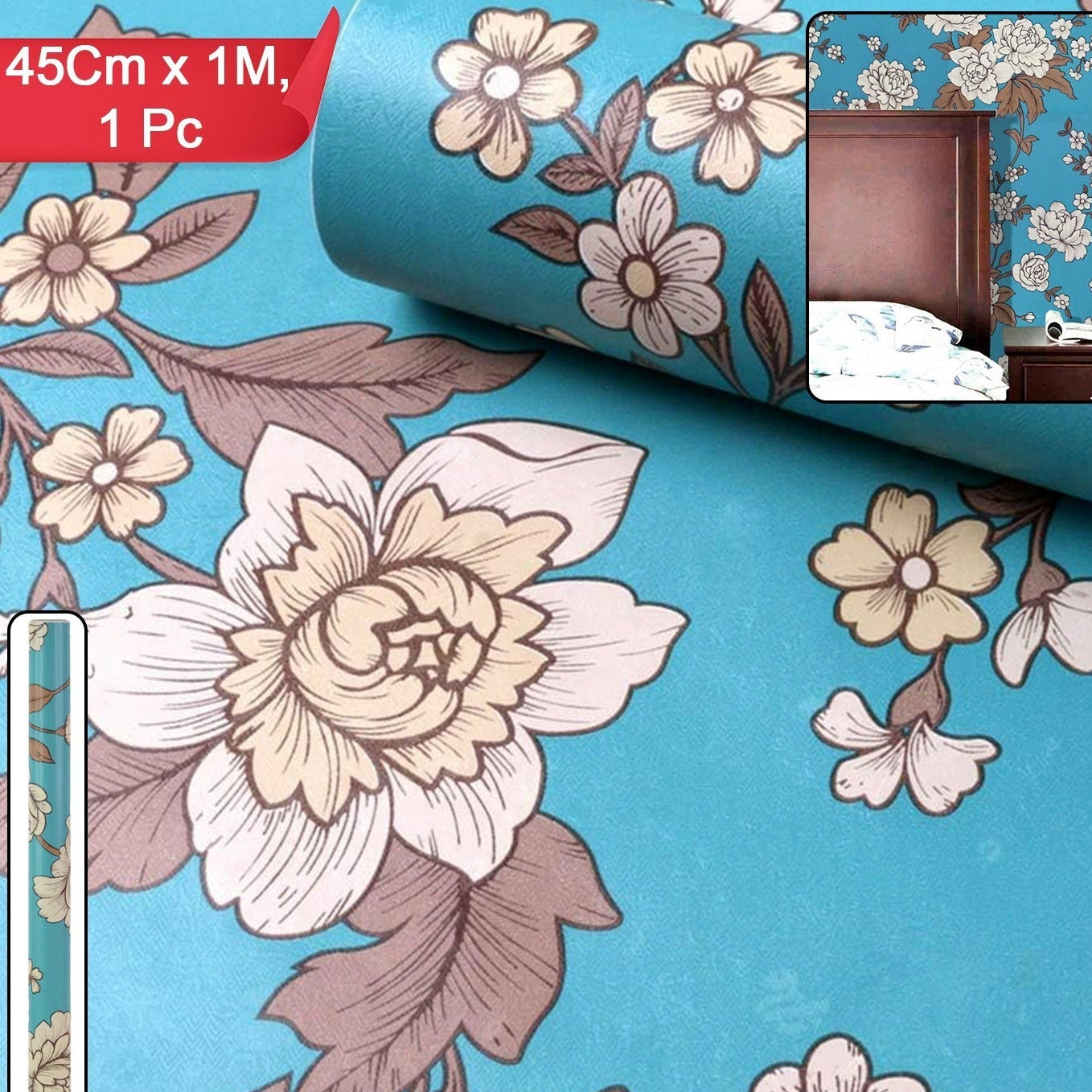 Floral Pattern Self-Adhesive Wallpaper Roll - 45 cm x 1 Meter (1 Pc) - Happy Price - Image 1