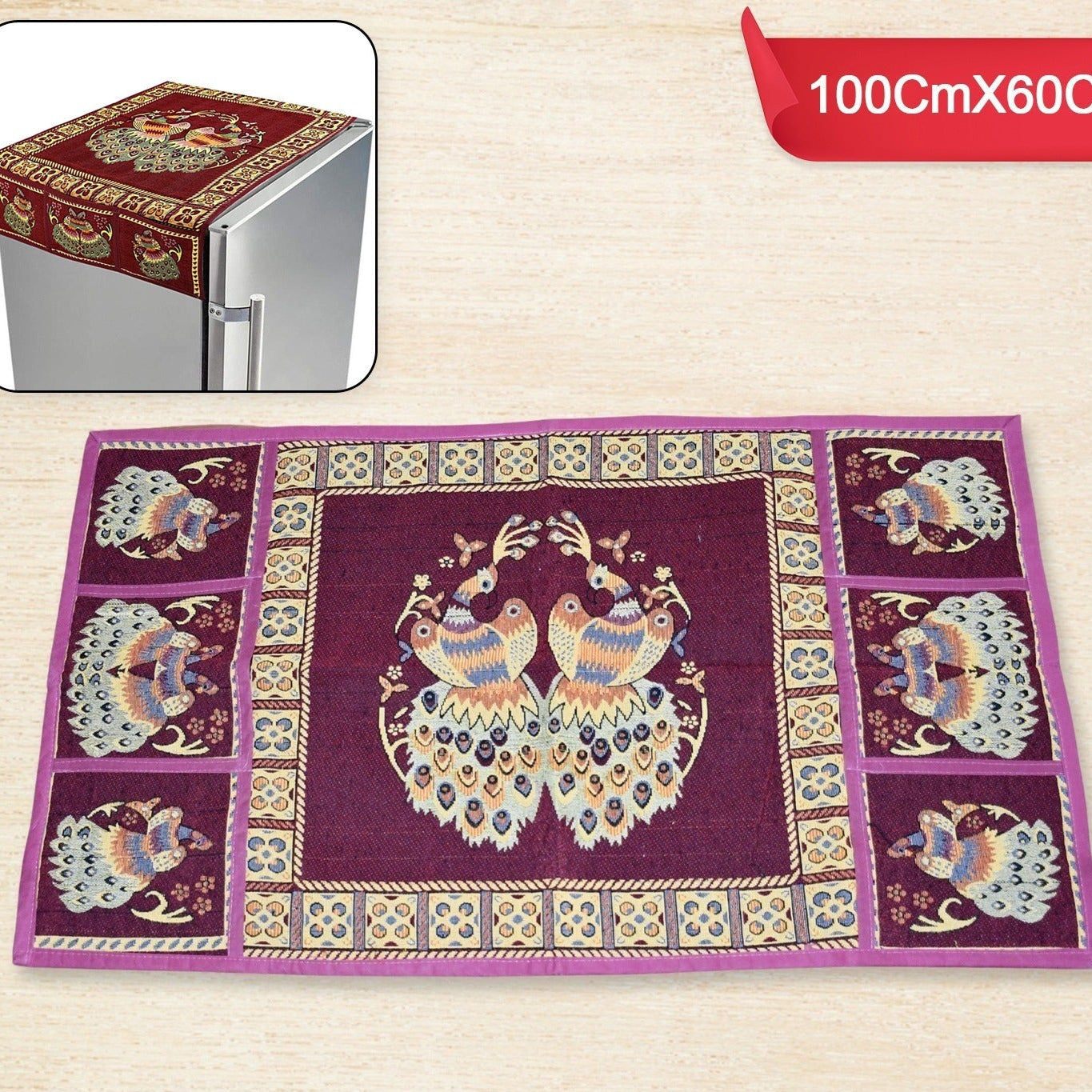 Cotton Fridge Top Cover Set - Standard Appliance Covers Fridge Dustproof Cover With Peacock Deign 6 Utility Side Pockets Fridge Cover For All Types Fridge Refrigerator Use (100x60cm) - Happy Price - Image 1