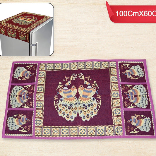 Cotton Fridge Top Cover Set - Standard Appliance Covers Fridge Dustproof Cover With Peacock Deign 6 Utility Side Pockets Fridge Cover For All Types Fridge Refrigerator Use (100x60cm) - Happy Price - Image 1