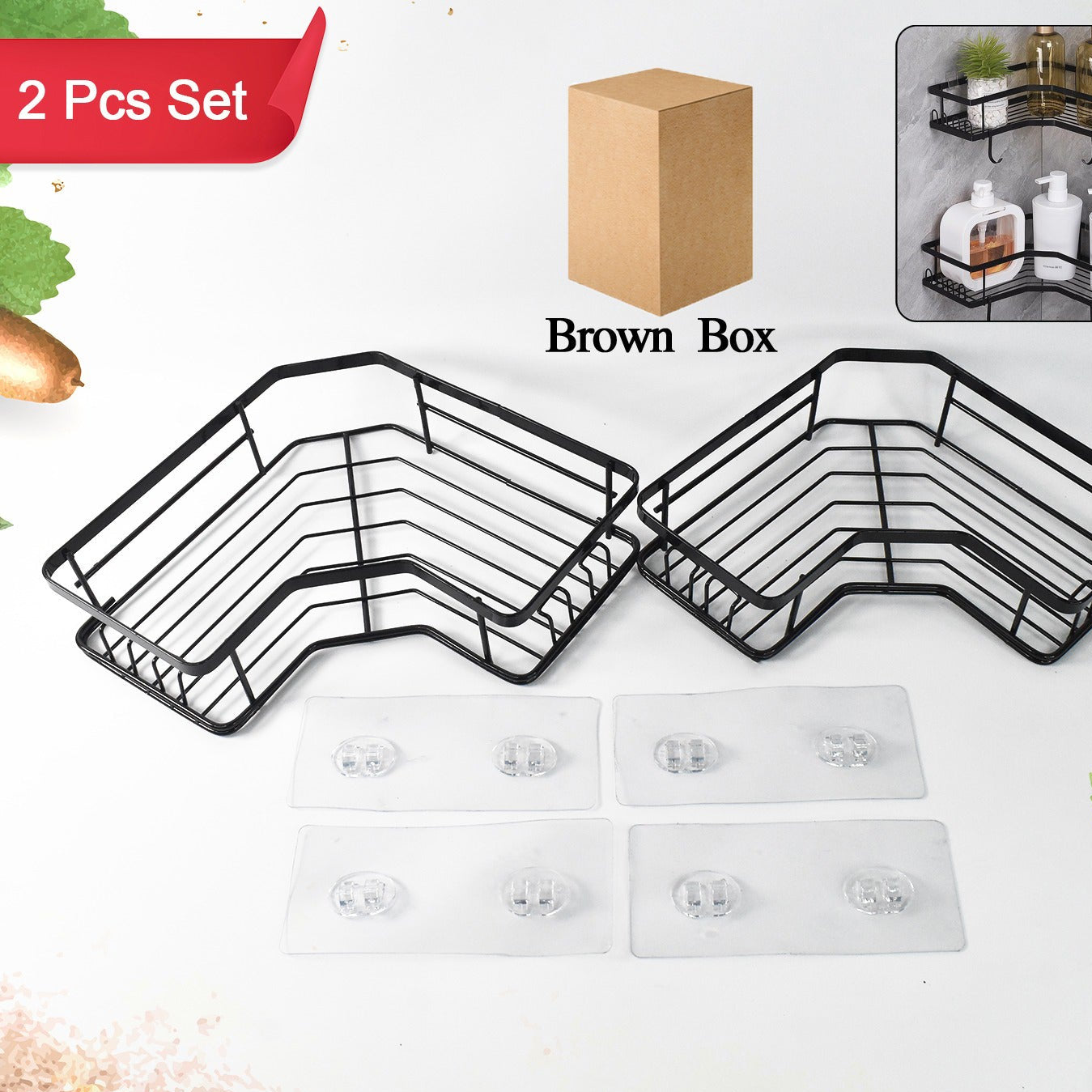 Iron Corner Shelf Organizer with Adhesive Backing (2 Pc Set) - Happy Price - Image 1