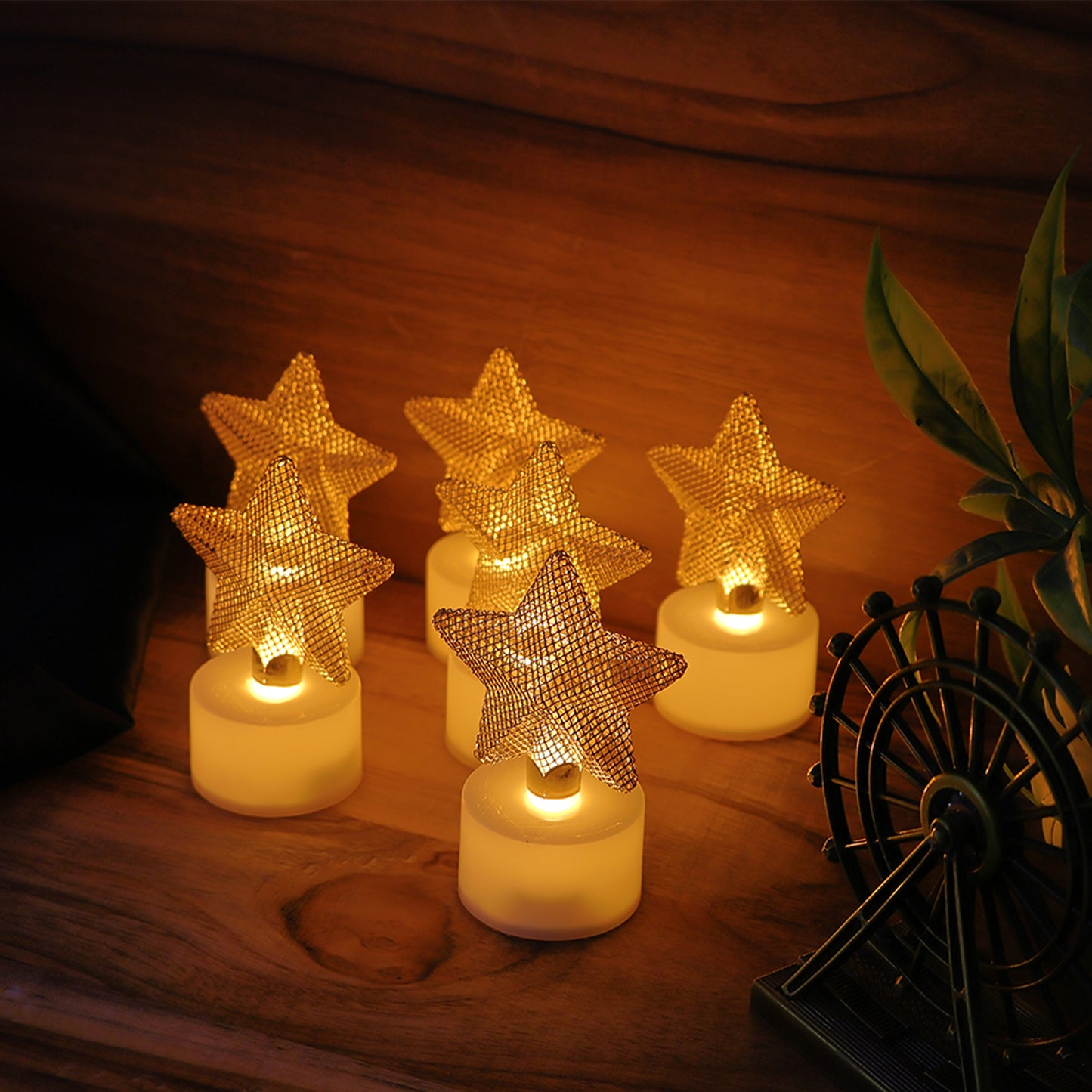 Set of 6 Golden Star LED Flameless Tealight Candles - Happy Price - Image 4
