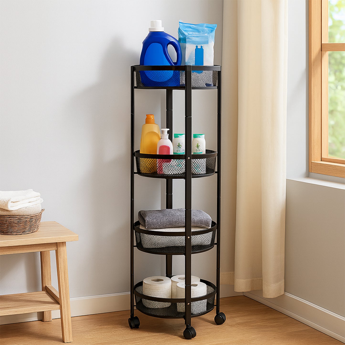 4-layer Round Metal Mesh Storage Organizer Rack With Wheels (1 Pc) - Happy Price - Image 6