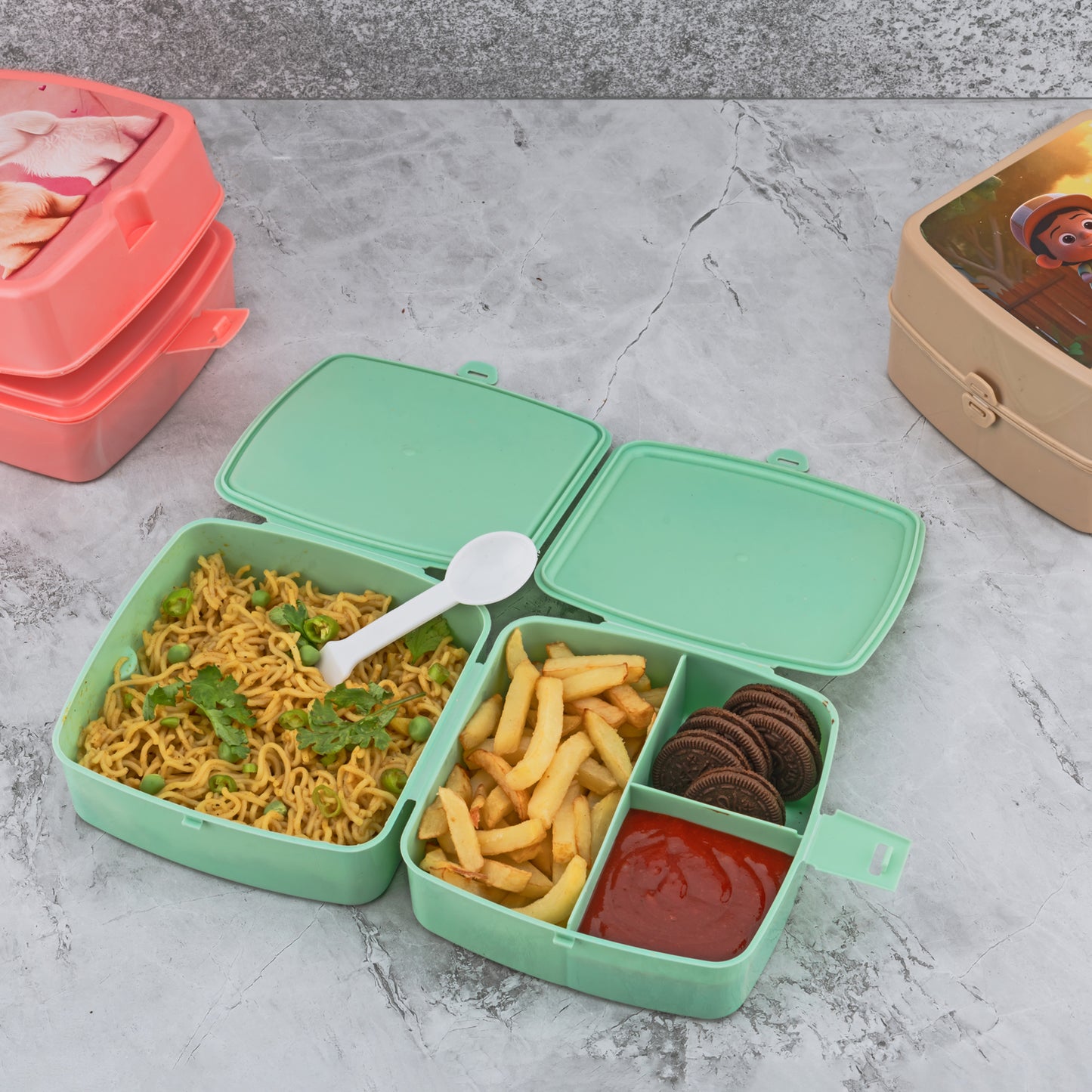 Double-layer Square Lunch Box With  Spoon  4 Compartment Tiffin  Push Lock  Plastic Tiffin Box For Travelling School Kids  Office Exclusive Home - Happy Price - Image 3