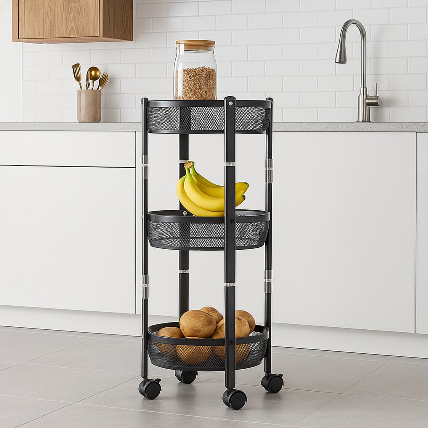 3-layer Round Metal Mesh Utility Storage Trolley With Wheels - Happy Price - Image 5