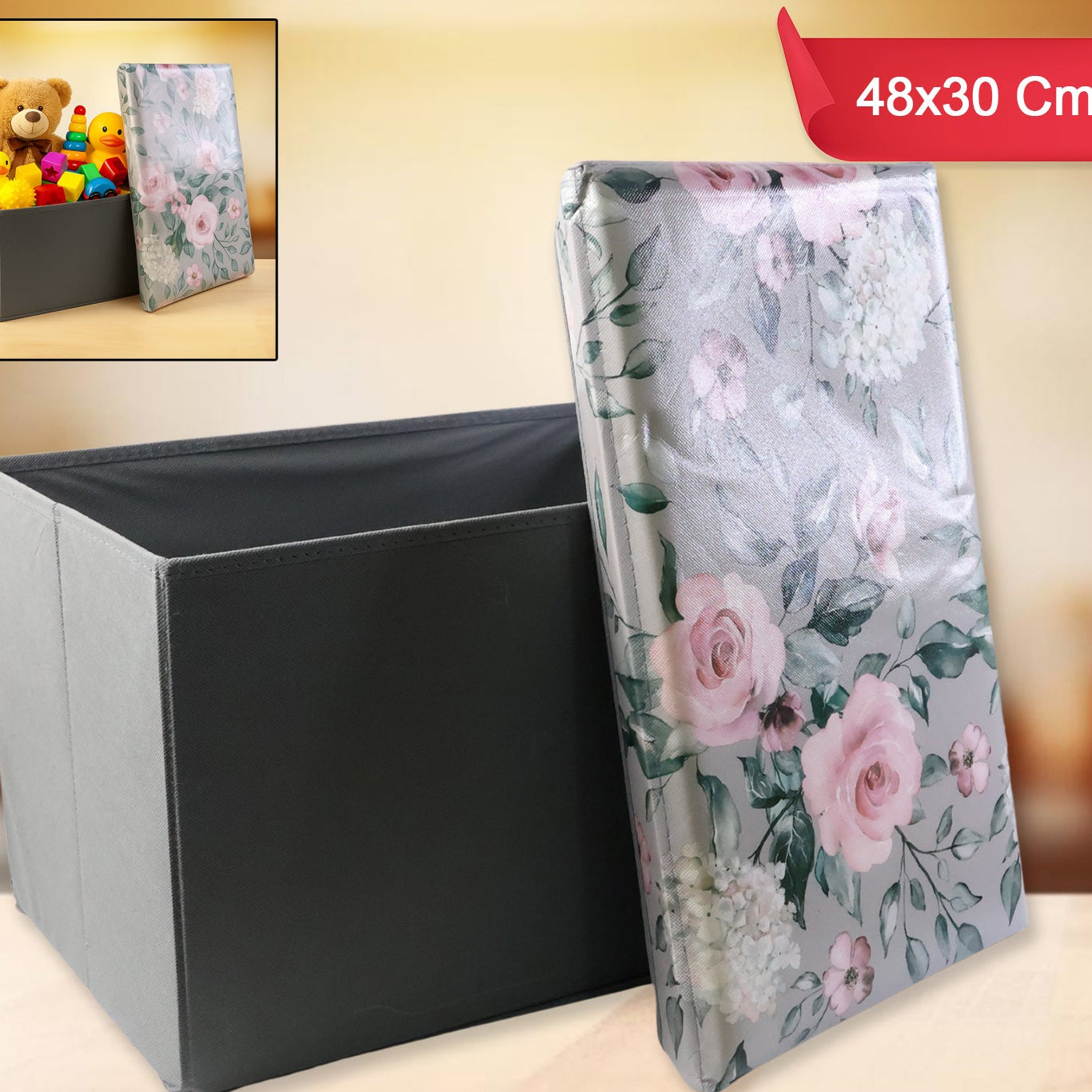 Floral Lid Foldable Storage Box - 48x30 cm Organizer Basket (1 Pc) - Happy Price - Image 1