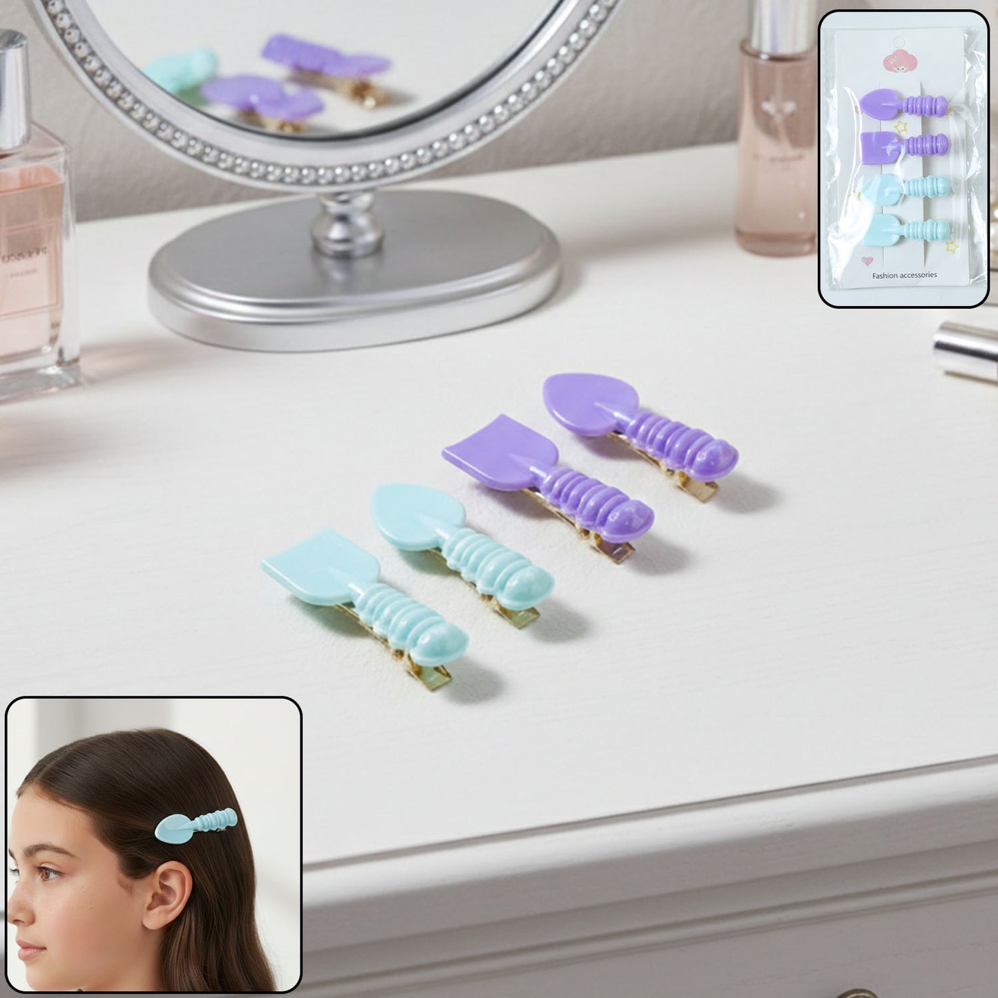 Cute Spoon & Spatula Shape Hair Clips - 4 Pc Set for Girls - Happy Price - Image 2