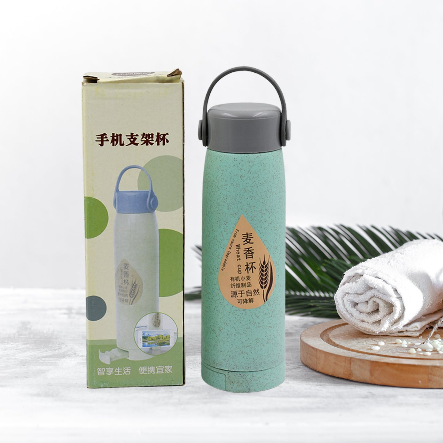6951 High Portable Water Bottle Creative Wheat Fragrance Glass Bottle Water With Mobile Phone Holder Wide Mouth Glass Water 380ml (Moq - 80 Pc) - Happy Price - Image 2