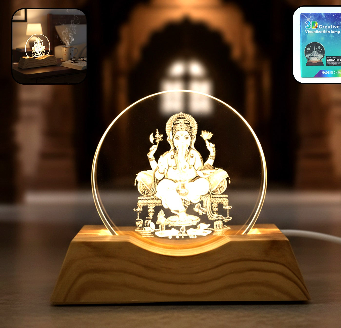 3D Ganesha Acrylic LED Night Lamp with Wooden Base - USB Powered - Happy Price - Image 1