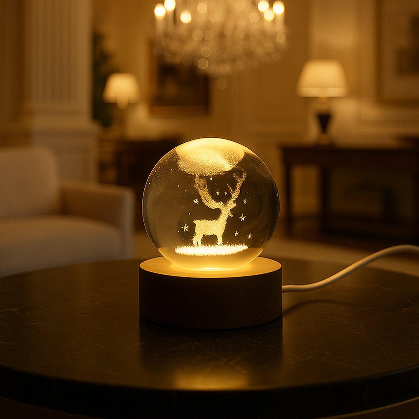 Mela Crystal Ball Night Light Glass Ball Night Lamp With Wood Base - Happy Price - Image 3