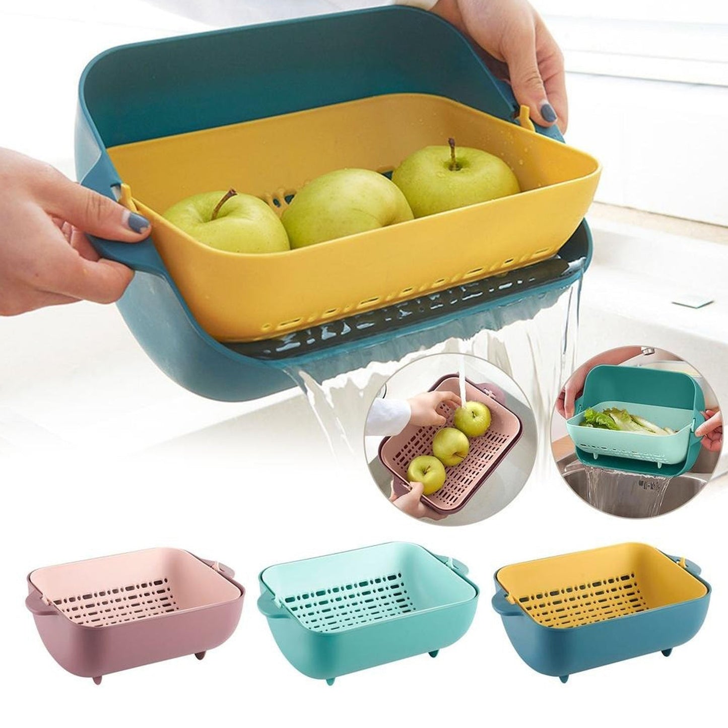 Multifunctional Bpa Free Double Layered Plastic Rotatable Strainer Bowl With Handles For Washing Rinsing Serving Vegetables  Fruits (Multicolor) - Happy Price - Image 4