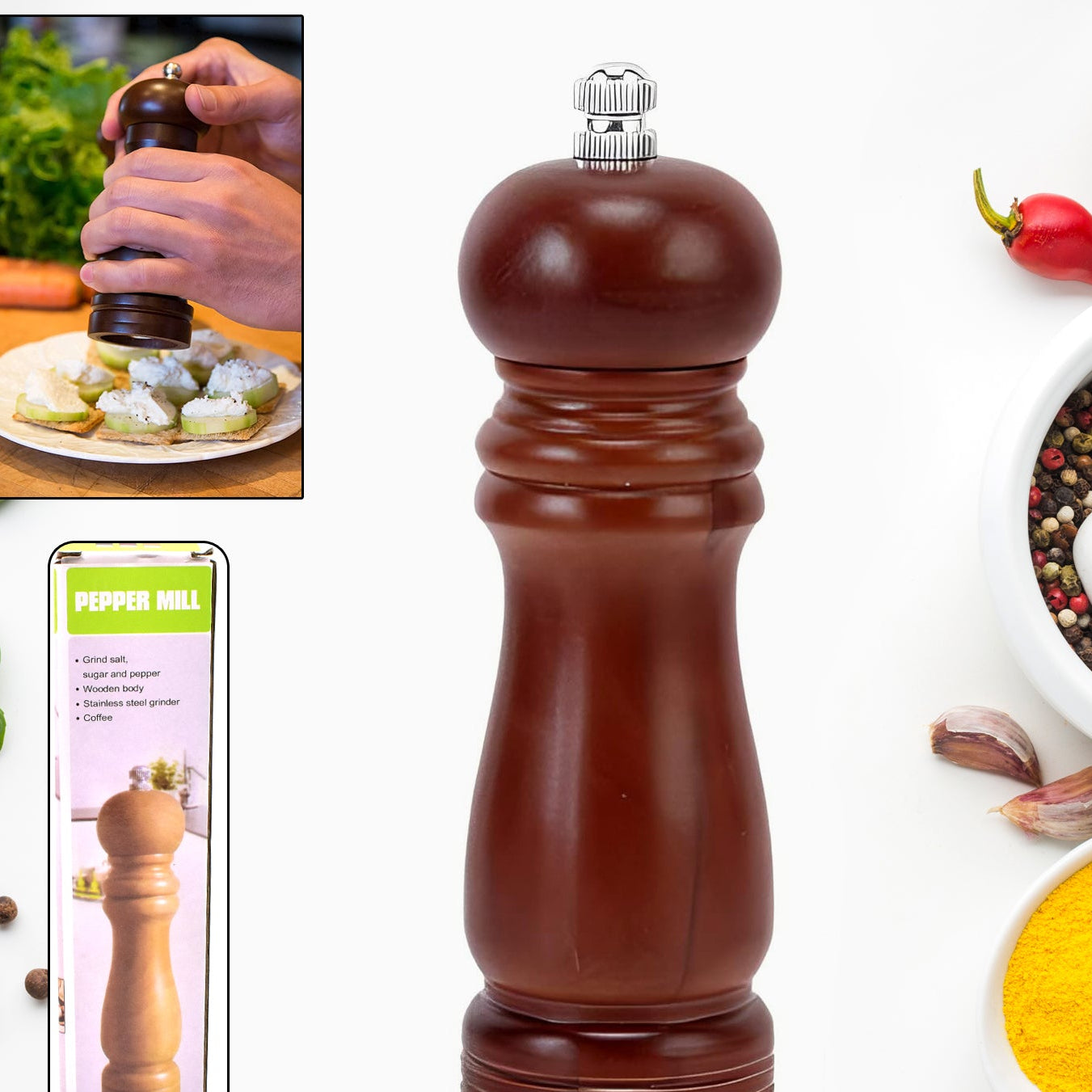 Wooden Pepper Mill Grinder, 8 Inch Tall - Adjustable Ceramic Grinder (1 Pc) - Happy Price - Image 1