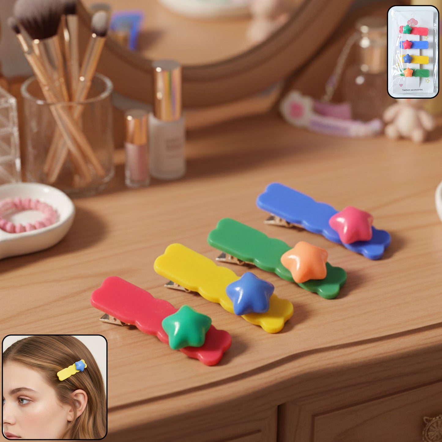 Colorful Star Design Hair Clip Set - 4 Pc - Happy Price - Image 2