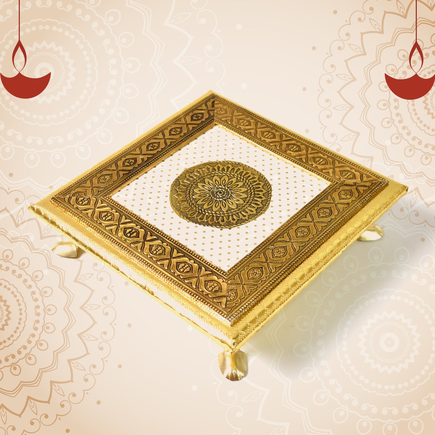 Golden - Square Pooja Chowki Patla  Bajot (2020 Cm  1 Pc) - Happy Price - Image 4