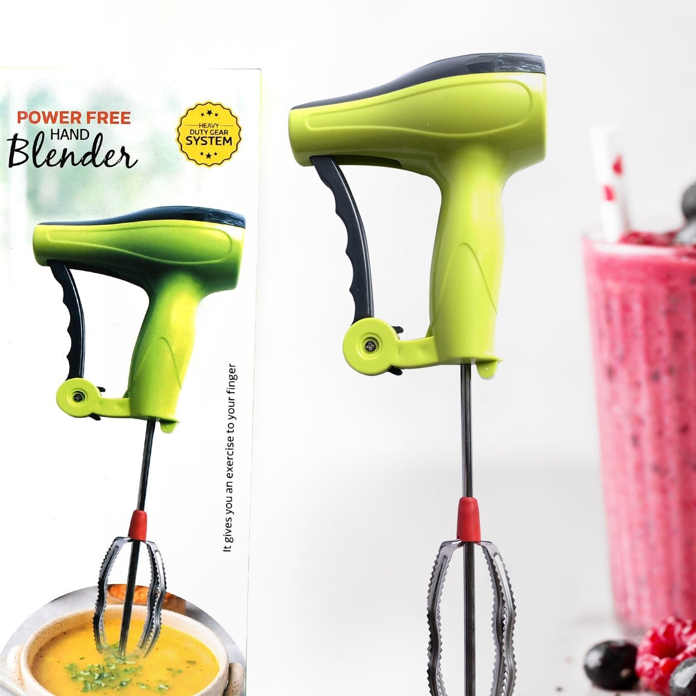 Power Free Manual Hand Blender With Stainless Steel Blades Milk Lassi Maker Egg Beater Mixer Rawai - Happy Price - Image 1