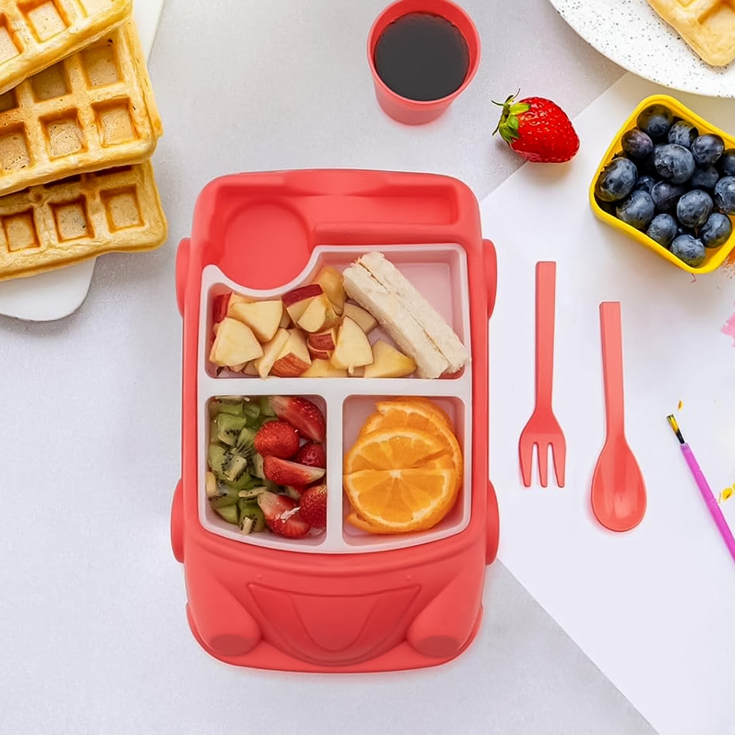 Kids Car Shaped Plates Cup  Lunch Box Dinnerware Set (4 Pcs Set  1000 Ml Lunch Box) - Happy Price - Image 3
