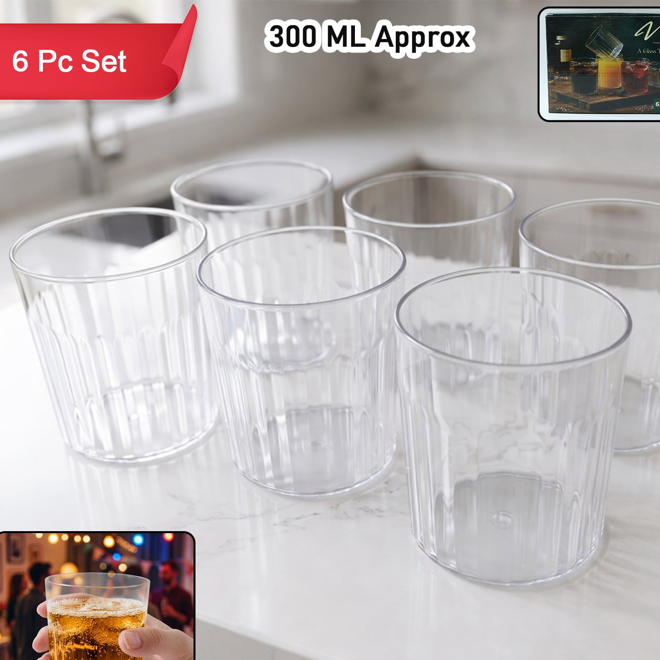 Premium Transparent Drinking Glass Set (6 Pc Set 300 Ml Approx)