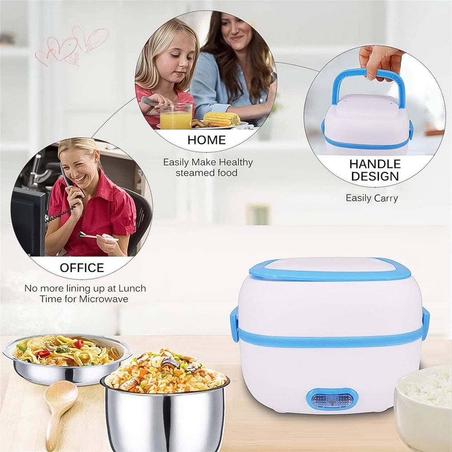 Electric Lunch Box 3 In 1 Food Heater  Cooker  Steamer With Stainless Steel Bowls (1 Set) - Happy Price - Image 3