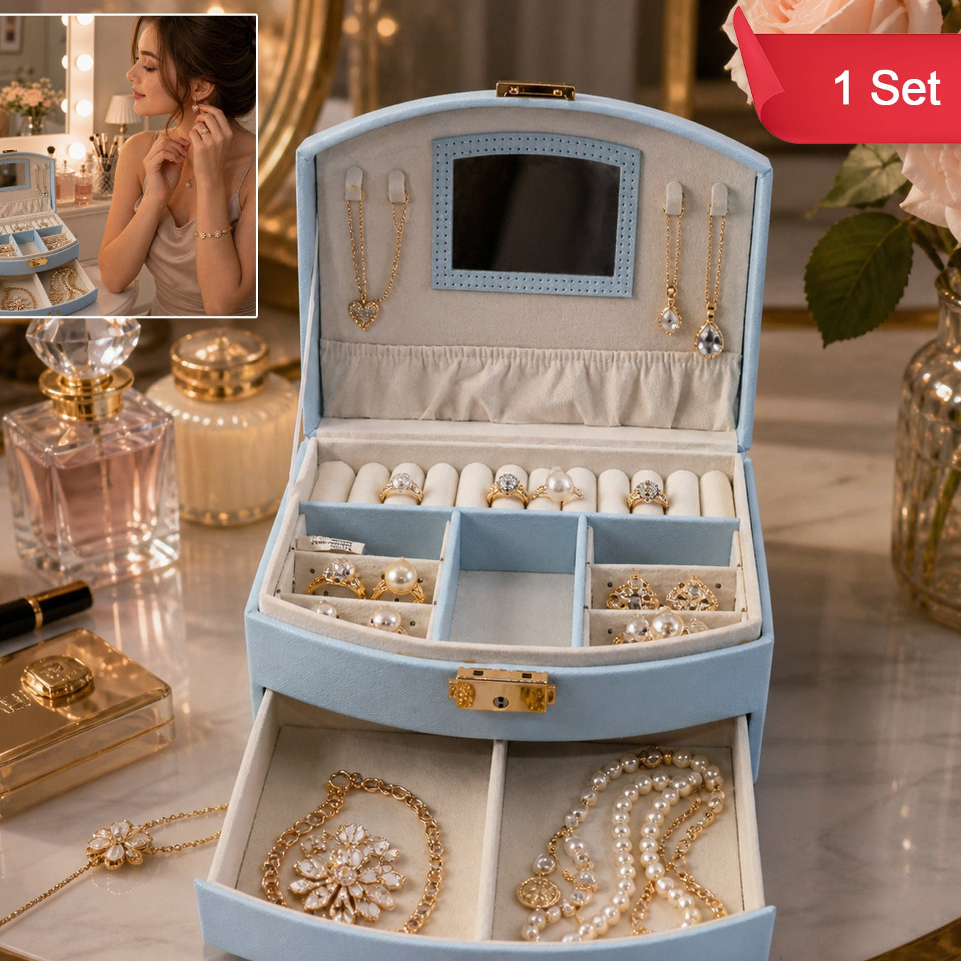 Multi-Layer Jewelry Organizer Box with Mirror - 1 Set - Happy Price - Image 1
