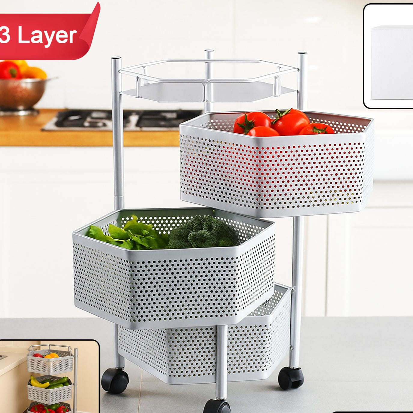 Premium 3-Layer Hexagon Kitchen Storage Trolley with Wheels (1 Pc) - Happy Price - Image 1