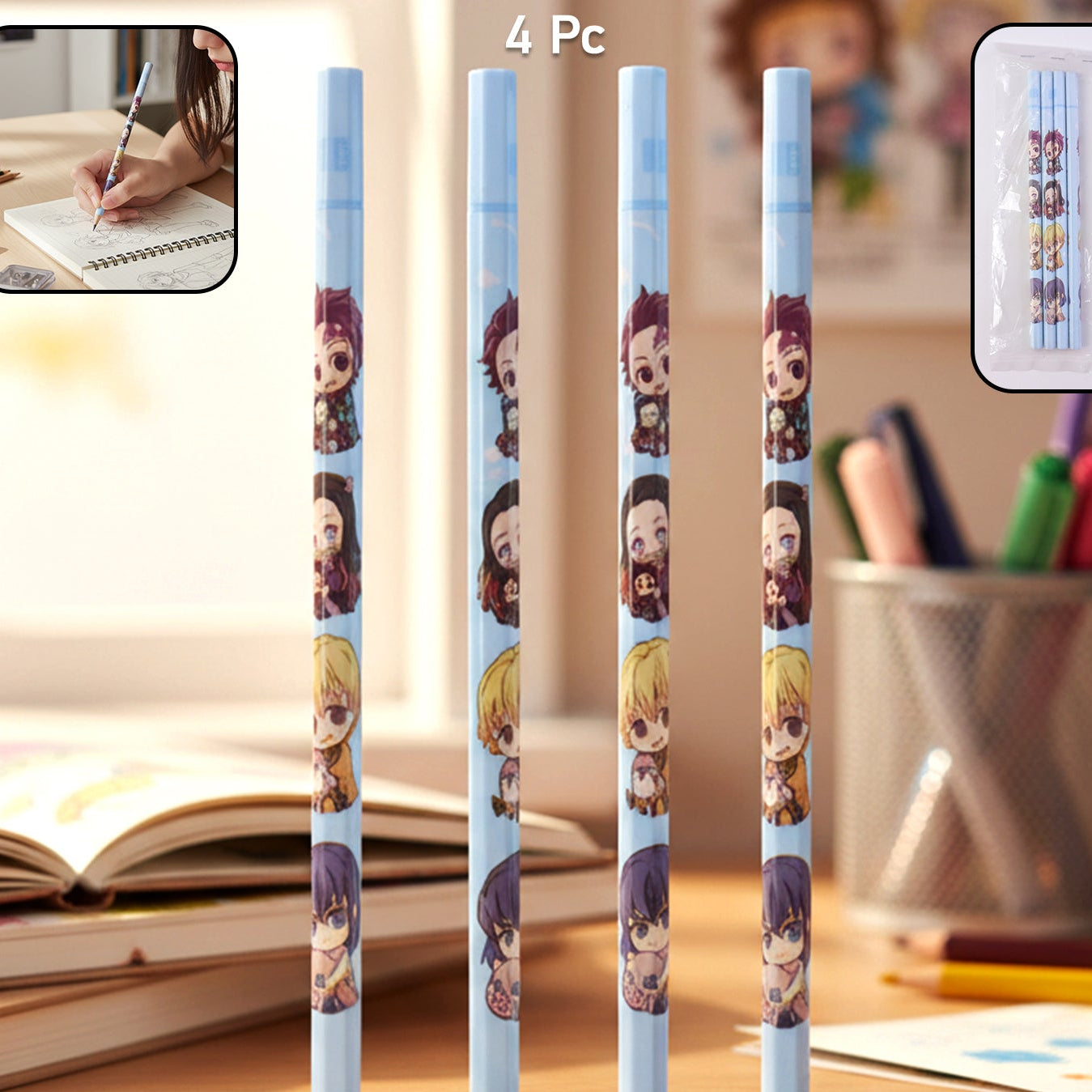4 Pc Cartoon Character Pencils for Kids - Fun School Stationery - Happy Price - Image 1