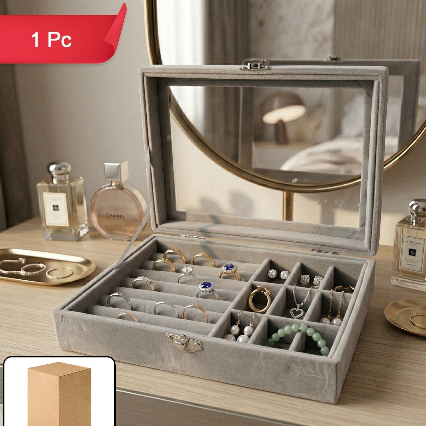 Premium Velvet Jewellery Organizer Box With Transparent Lid