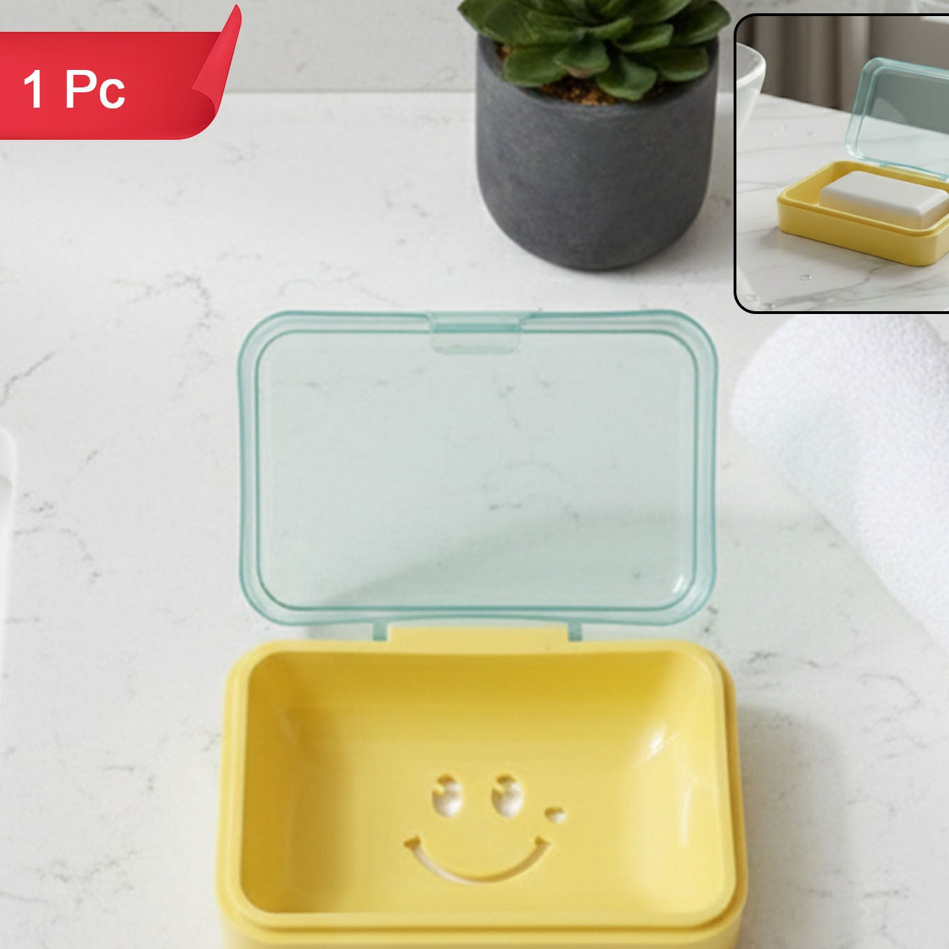 Smiley Face Plastic Soap Case with Flip Lid - Travel Soap Box with Drain Holes (1 Pc) - Happy Price - Image 1