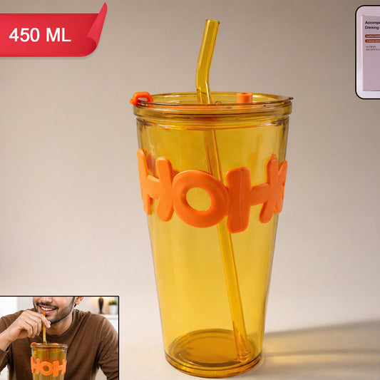 Transparent Glass Tumbler With Lid And Straw (450 Ml)