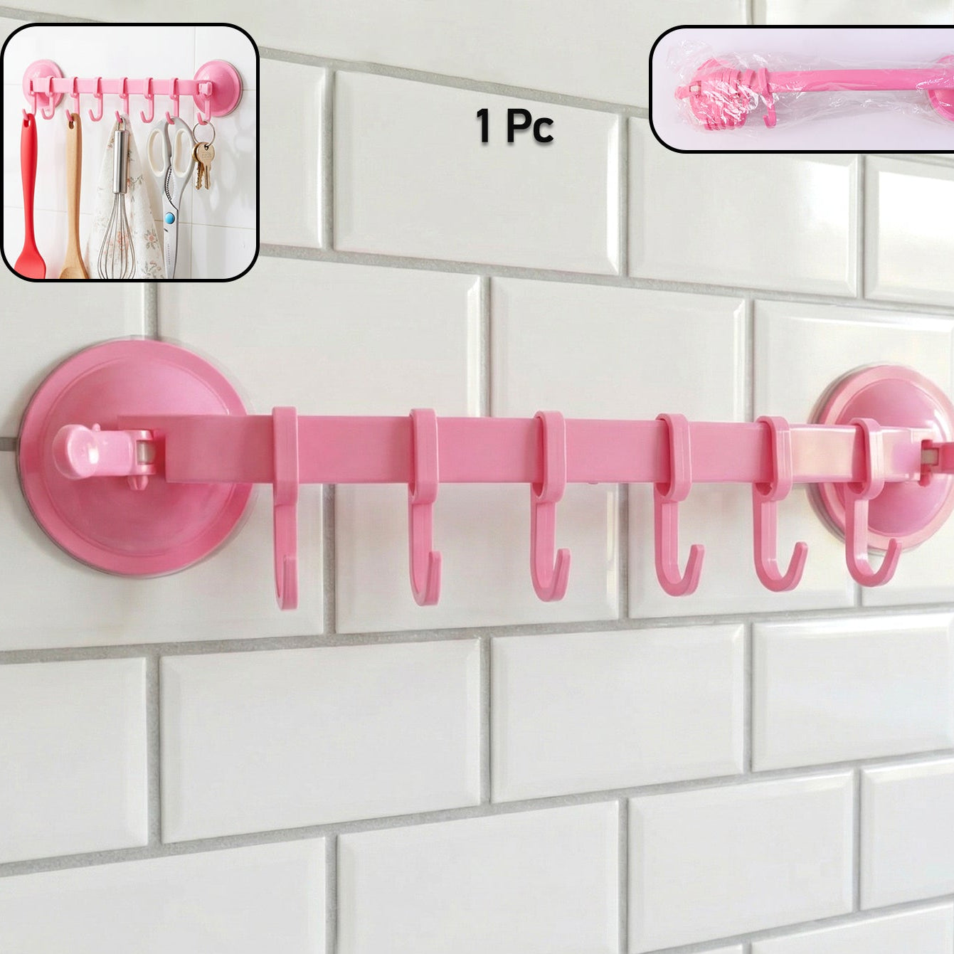 Plastic Wall Hook Rack with 6 Hooks - No-Drill Suction Mount Organizer (1 Pc) - Happy Price - Image 1