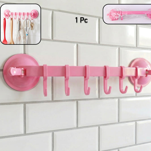 Plastic Wall Hook Rack with 6 Hooks - No-Drill Suction Mount Organizer (1 Pc) - Happy Price - Image 1
