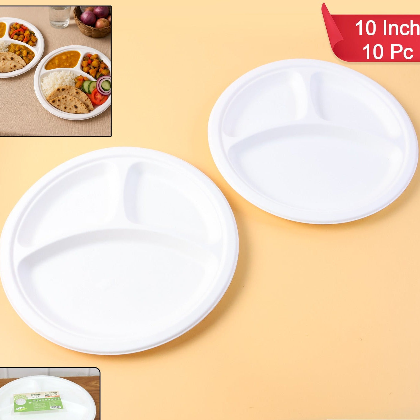 10 Inch 3-Compartment Compostable Bagasse Plates (10 Pc) - Happy Price - Image 1