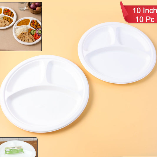10 Inch 3-Compartment Compostable Bagasse Plates (10 Pc) - Happy Price - Image 1