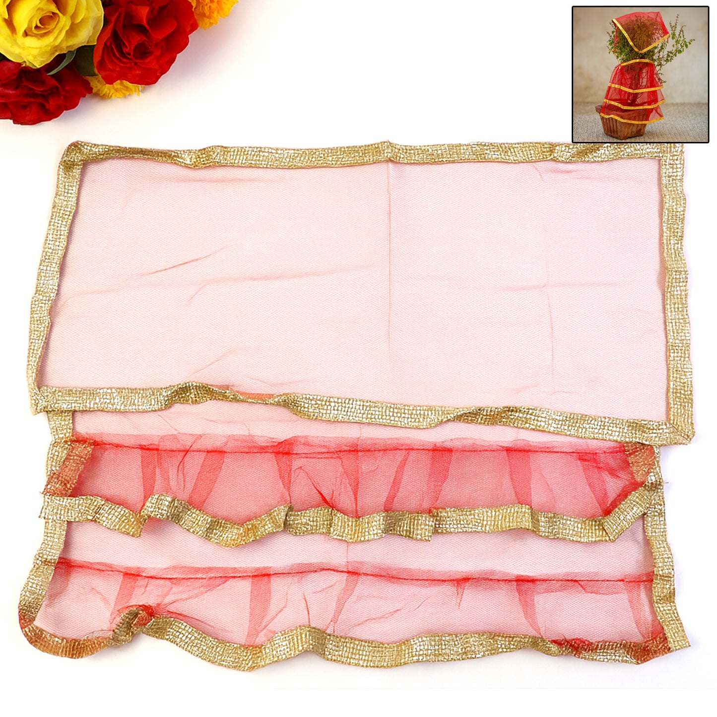 Premium Tulsi Vastra Pooja Cloth Set - 2 Pcs Red with Gold Border - Happy Price - Image 7