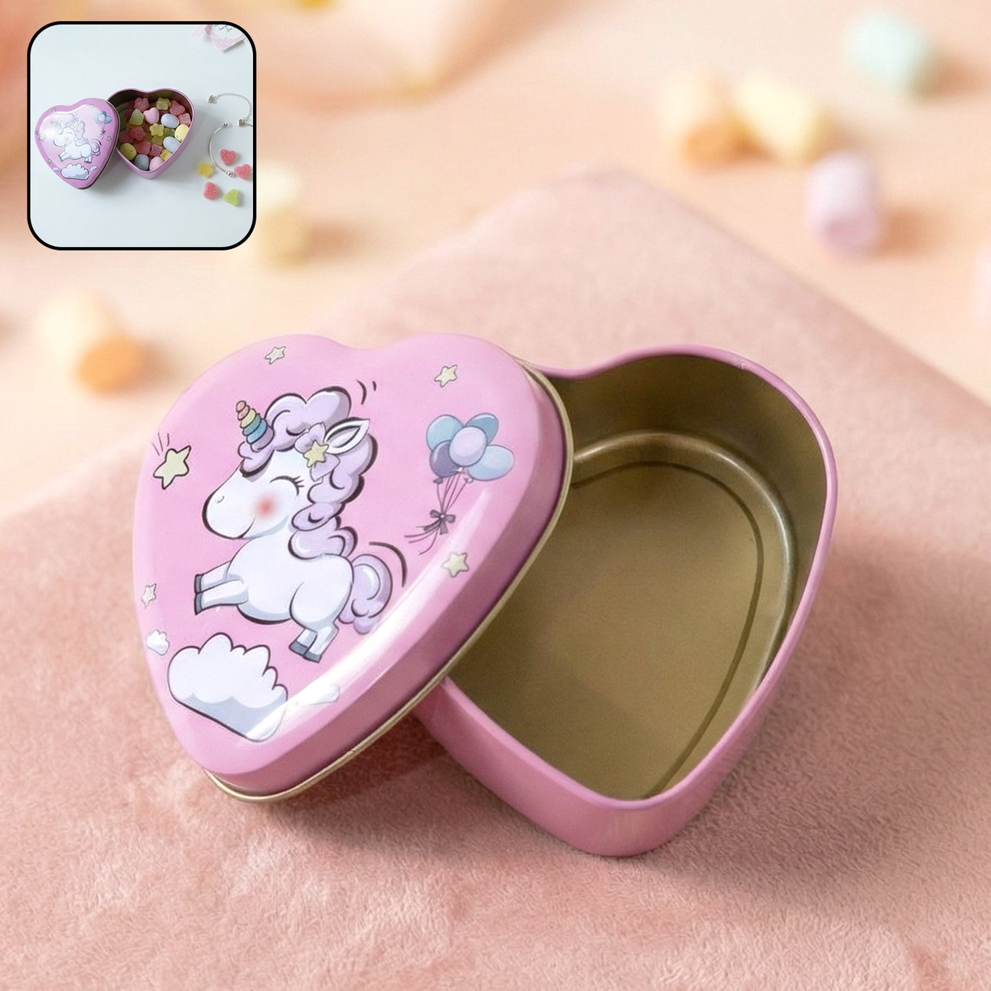 Heart Shaped Unicorn Print Storage Box - 1 Pc Decorative Metal Tin for Gifts & Small Items - Happy Price - Image 2
